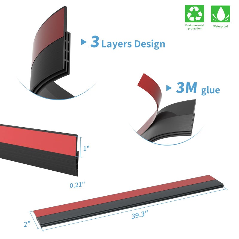 Hojoy 2 Pack Under Door Draft Stopper  Adjustable Door Sweep Anti-Collision Strong Adhesive Weather Stripping Tape Soundproof Draught Stoppers 2"" W x 39"" L  Black - Image 2
